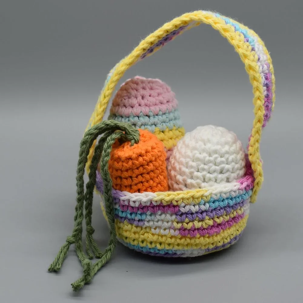 Hand Crafted Crochet Kitty Cat Easter Basket with Three Catnip Toys